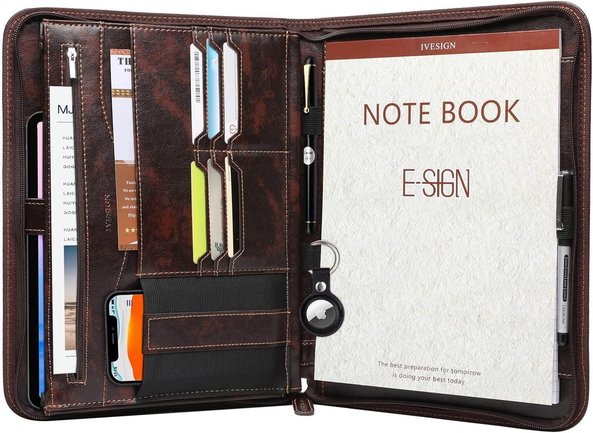 Zippered Padfolio for Women & Men Resume Portfolio Folder Vegan Leather Business Organizer Planner,with Writing Pad Interior 10.1 Inch Tablet Sleeve Dark Brown