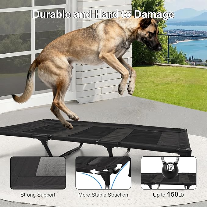 Raised Dog Bed Cooling Cot for Indoor Outdoor Use Portable Waterproof Mesh Pet Bed Washable for Large Medium Small Dogs, Black