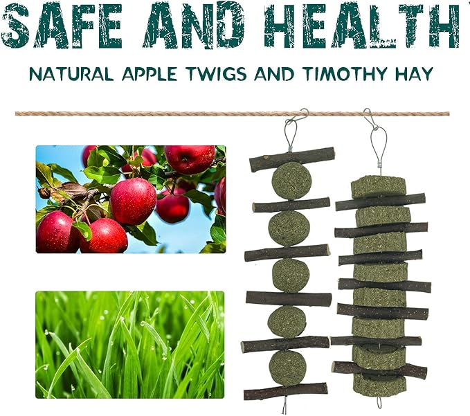 Rabbits Bunny Chew Toys Treats Natural Wood Timothy Hay Grass Cakes Balls Chew Toys Treats for Hamster Chinchilla Guinea Pigs 4pcs