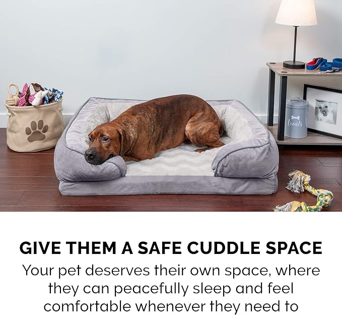 Furhaven Orthopedic Dog Bed for Large Dogs w/ Removable Bolsters & Washable Cover, For Dogs Up to 95 lbs - Plush & Velvet Waves Perfect Comfort Sofa - Granite Gray, Jumbo/XL