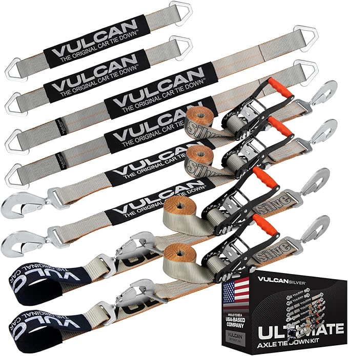 VULCAN Ultimate Axle Tie Down Kit - Silver Series Webbing - Includes (2) 22 Inch and (2) 36 Inch Axle Straps, (2) 96 Inch Snap Hook Ratchet Strap, and (2) 112 Inch Loop Tie Down Combinations
