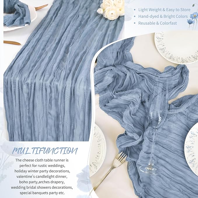 Showgeous 4 Pack Dusty Blue Cheesecloth Table Runner, 17 x 108 Inches | Boho