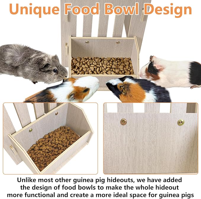 kathson Wooden Guinea Pig Hideout Sturdy Two-Layer Guinea Pig House Easy to Assemble Small Animal Hideout with Mat Ramp and Food Bowl for Hamsters Bunnies Hedgehogs Mice Playing Hiding