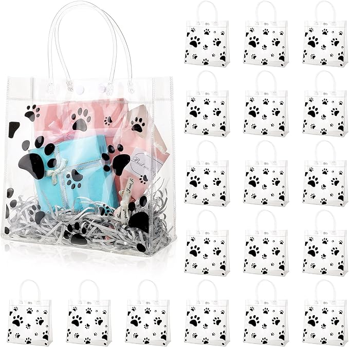 Teling 20 Packs Dog Paw Clear PVC Gift Bags with Handle Reusable Plastic Wrap Tote Bags Transparent for Puppy Pet Treat Party Favor Birthday Wedding Party, 8 x 8 x 3.15 Inch(Black)