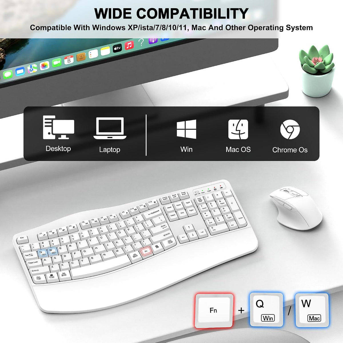 Wireless Keyboard and Mouse Combo, 2.4G Ergonomic Wave Keys(White)