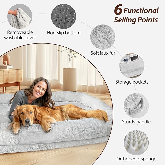 L&W BROS. Human Dog Bed for Adults - XL Orthopedic Dog Bed with Memory Foam and Faux Fur Cover - 71" X47"W X12 H - Ultimate Comfort for You and Your Furry Friend (Light Gray)