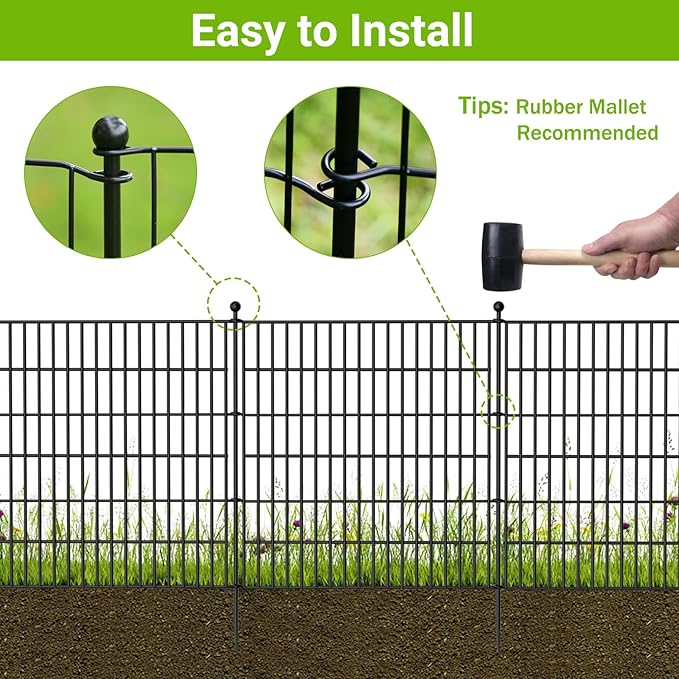 15 Panels No Dig Decorative Outdoor Garden Fence with Gate for Yard, 32 in(H) X 35.4 ft(L) Animal Barrier Fencing Rustproof Metal Wire Panel Border for Dog, Rabbits, and Patio Temporary Ground Stakes