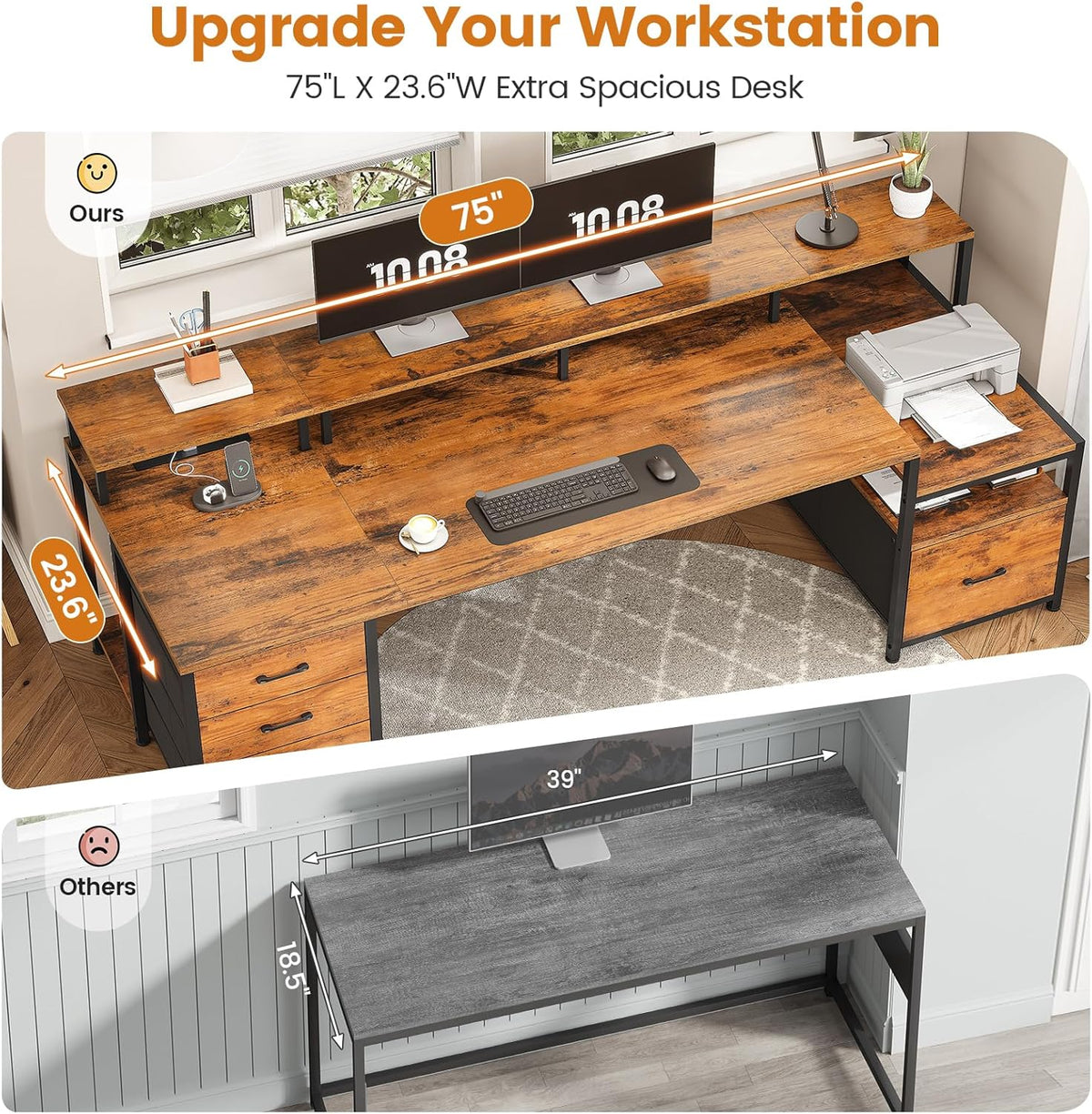 SEDETA 75'' Large Home Office Desk with 5 Drawer, Power Outlet, File Drawer
