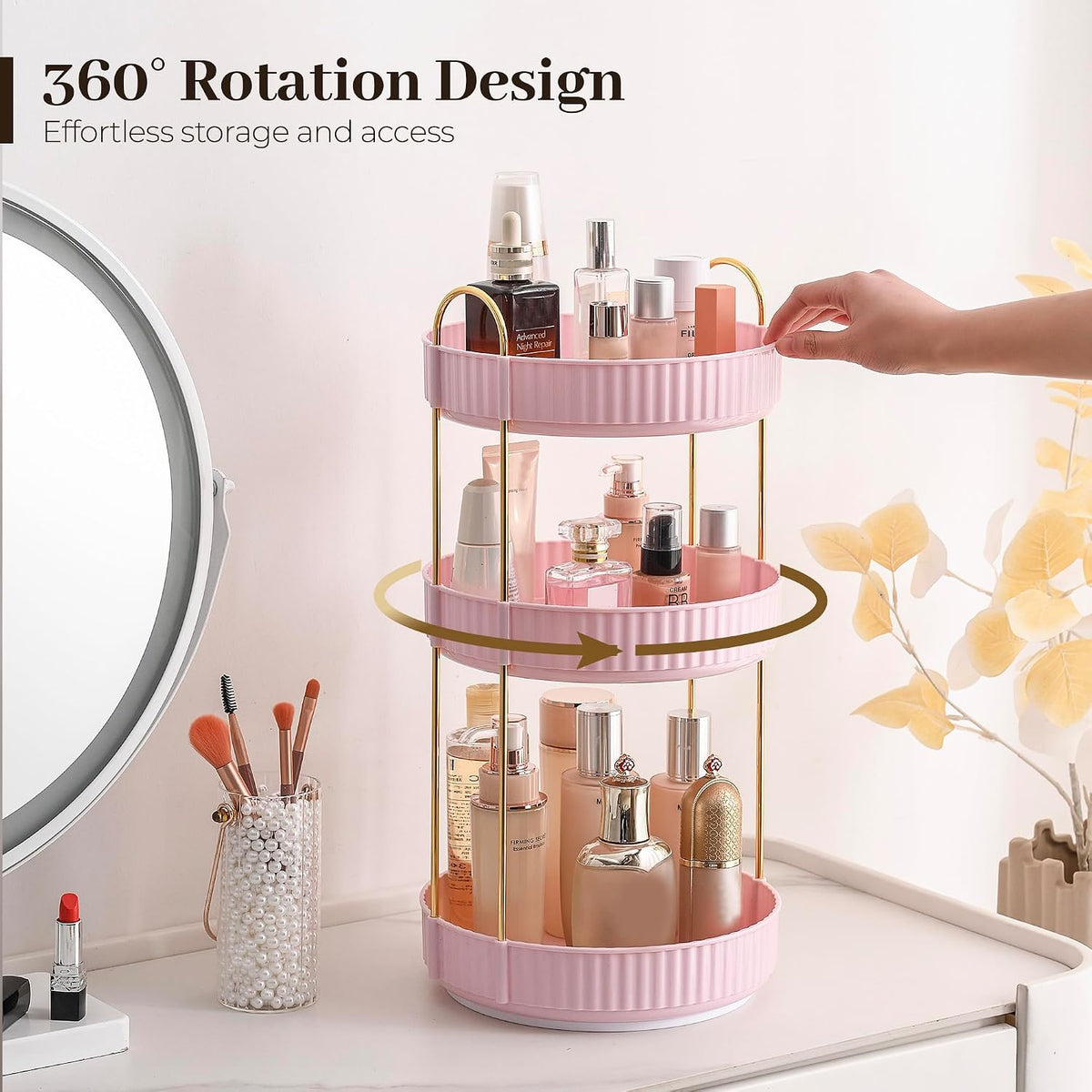Aveniee Rotating Makeup Organizer, 3-Tier Pink Vanity Storage