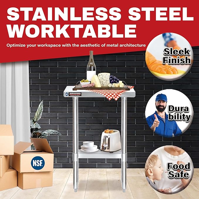 DuraSteel 24x12 Small Stainless Steel Table - NSF Metal Narrow Commercial Food Prep Side Worktable with Under Shelf - For Laundry Room, Kitchen, Outdoor Grill, Small Spaces