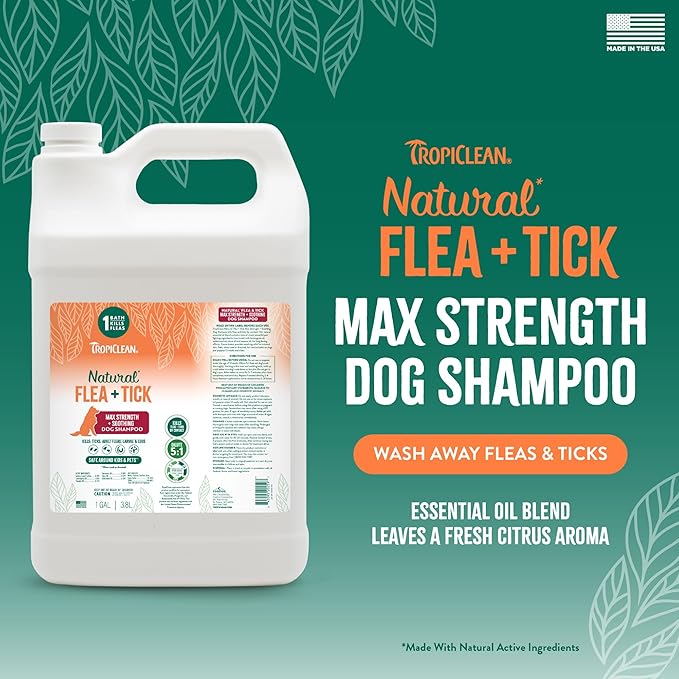 TropiClean Max Strength Flea and Tick Shampoo Treatment for Dogs, Powerful & Natural Defense, Prevention for Large & Small Dogs, Made in USA, 1GAL