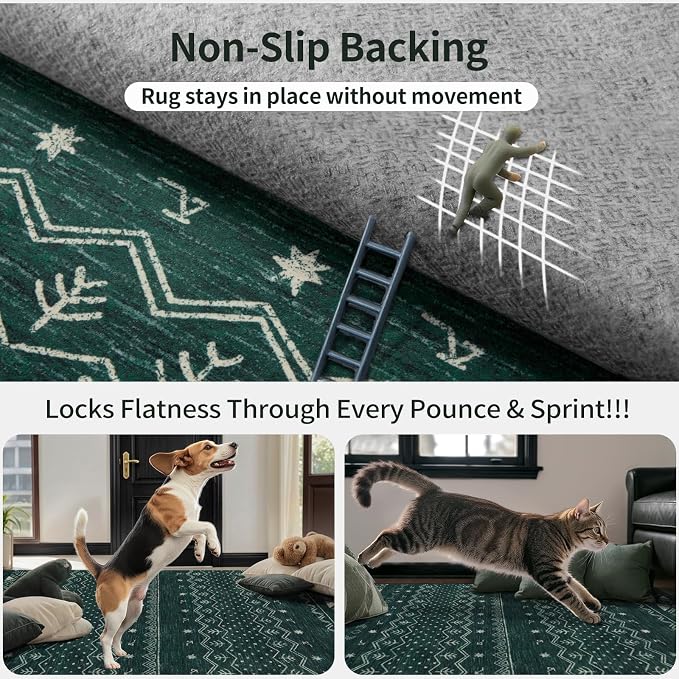 SERISSA 2x5 Kitchen Runner Rug, Washable Non-Slip Dark Green Boho Rug, Soft