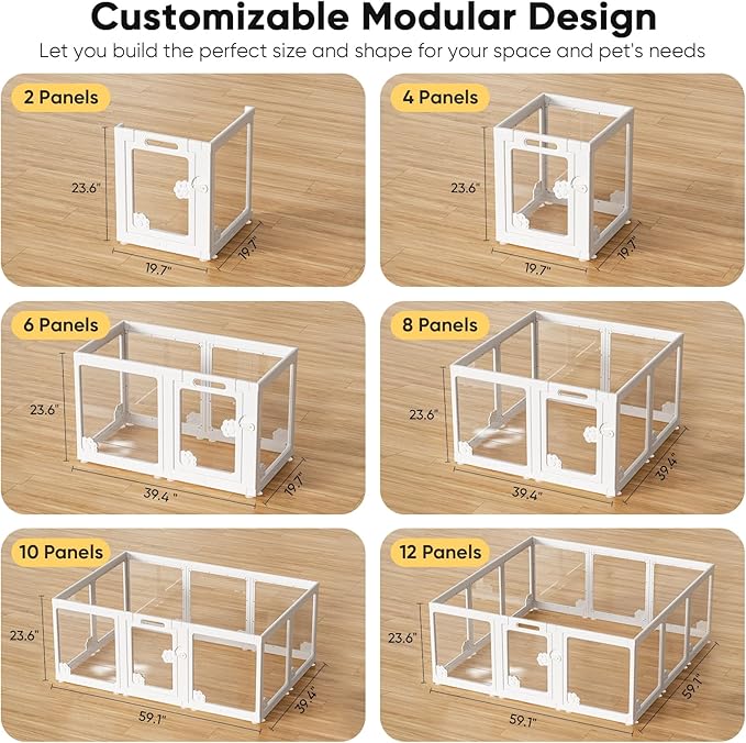 24" Acrylic Clear Dog Play Pen Indoors 12 Panels, Puppy Playpen with Door for Small Dogs Puppies, Transparent Plastic Pet Playpen Cage Fence Crate Kennel for Cat Kitten Rabbit Bunny Ferret etc