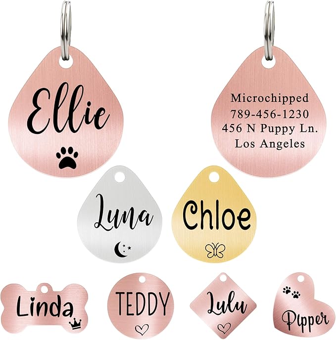 Ultra Joys Dog ID Tag, Custom Dog Tag Personalized Cat Tag, Pet ID Tag, Brushed Stainless Steel Teardrop Dog Tag Rose Gold Small
