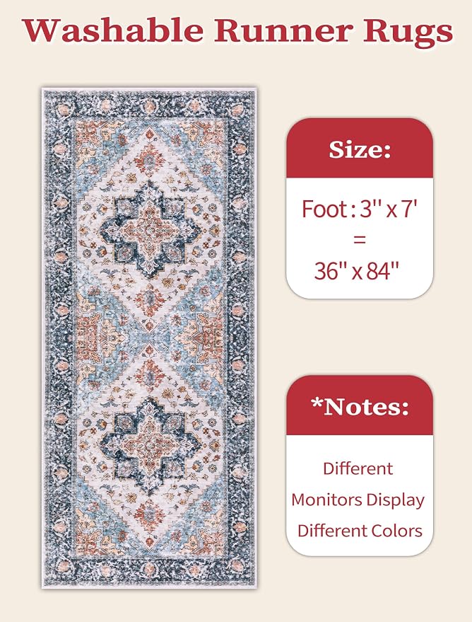 SERISSA Boho Kitchen Runner Rug, 3x7 Washable Non-Slip Runner Rug