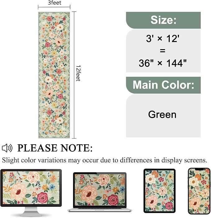 DUKINO 3x12 Washable Runner Rug, Non Slip Soft Floral Hallway Runner Rug
