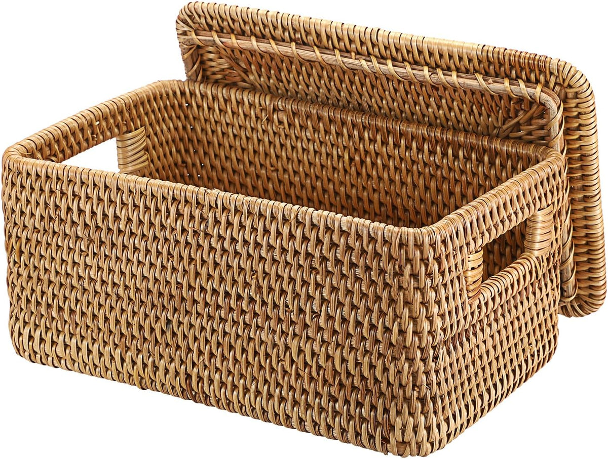 Hipiwe Rattan Basket with Lid Rectangular Lidded Wicker Storage Basket Bin