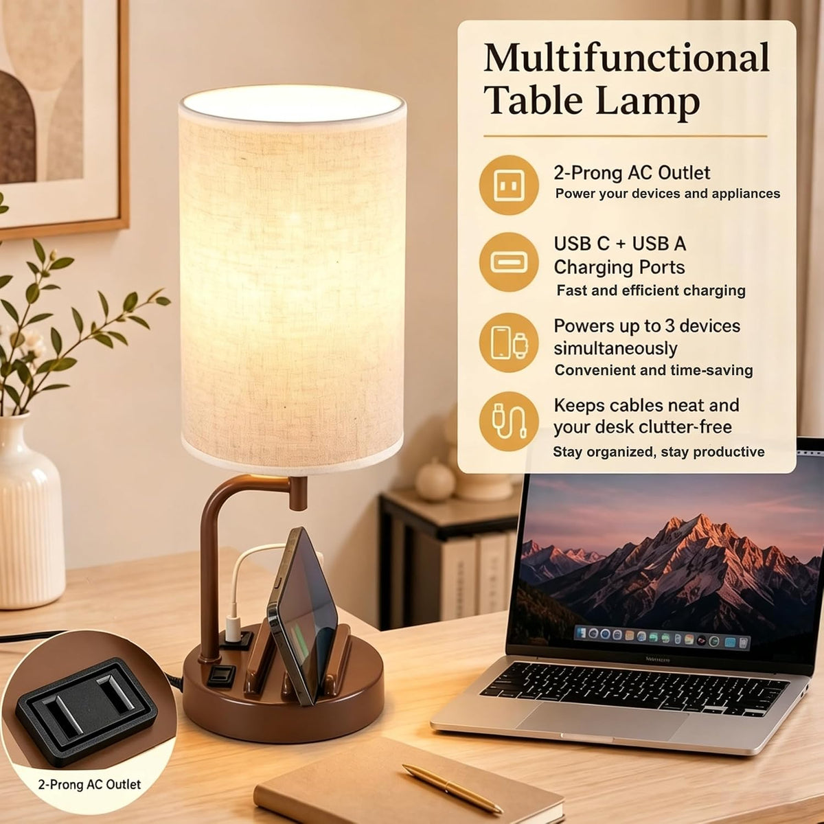 Dreamholder Touch Control USB Table Lamp with USB C/A & AC Outlet, 3-Way Dimmable Bedside Lamp, Modern Nightstand Lamps for Bedroom Living Room Guest Room Office, Bulb Included, Brown