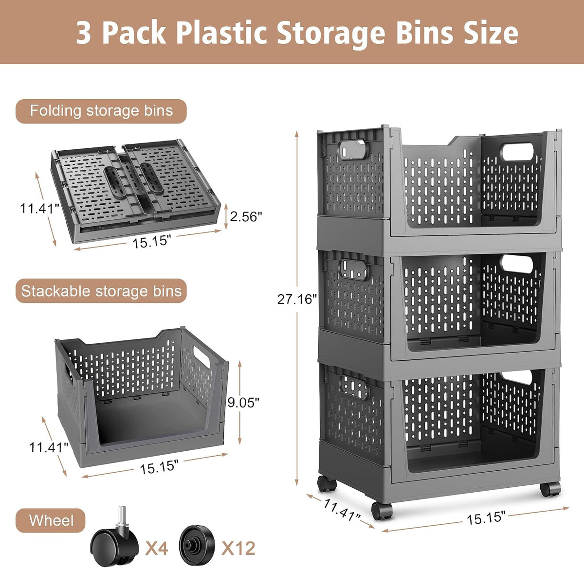 Stackable Storage Bins, Set of 3 Plastic Closet Organizers with Wheels