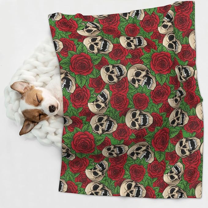 Pet Blanket for Travel and Home, Floral Rose Flowers Day of The Dead Sugar Skulls, Reversible Plush Dot Design with Soft Grip Texture on One Side Perfect for Car Seats Moving Vehicles