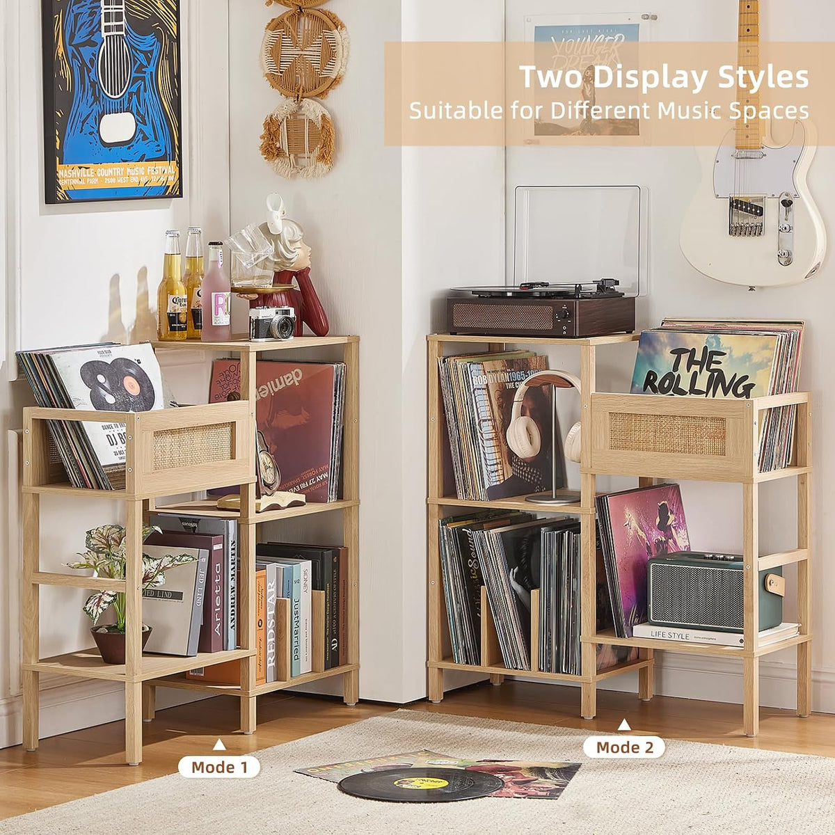 LELELINKY Record Player Stand, Natural Oak Wood Record Holder with Vinyl Storage Holds up to 300+ Albums, 3-Tier Rattan Media Table with Vinyl Display Shelf, Record Storage Cabinet for Living Room