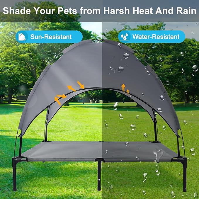 42'' Outdoor Elevated Dog Bed with Canopy, Raised Dogs Bed with Six Support Feet,Breathable Cooling Dog Cot Beds Medium Large Size Dogs,Outdoor Pet Hammock Beds,Outside Pet Beds with 4 Ice Pack(Large)