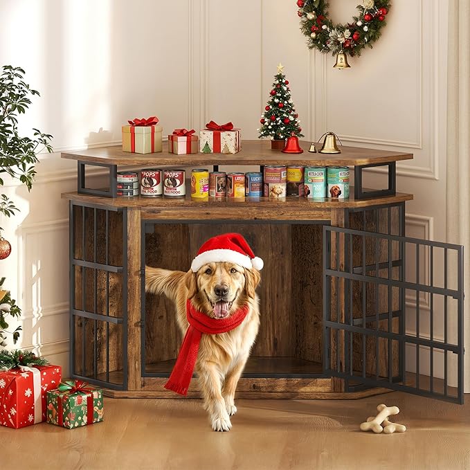Corner Dog Crate Furniture with 2-Tier Shelves，51" Large Dog Kennel with Storage Indoor Wooden TV Stand, Modern Dog Cage Decorative Pet House, Rustic Brown