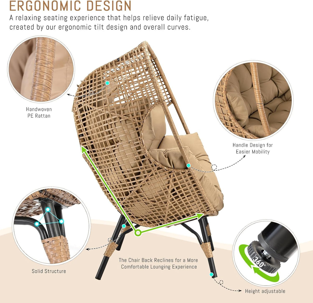 RADIATA Outdoor Egg Chair w/Ottoman, Oversized Wicker Patio Lounger