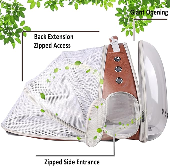 halinfer Back Expandable Cat Backpack Carrier, PU Leather Fit up to 12 lbs, Space Capsule Bubble Window Pet Carrier for Bunny Small Puppy, Backpack for Kitten