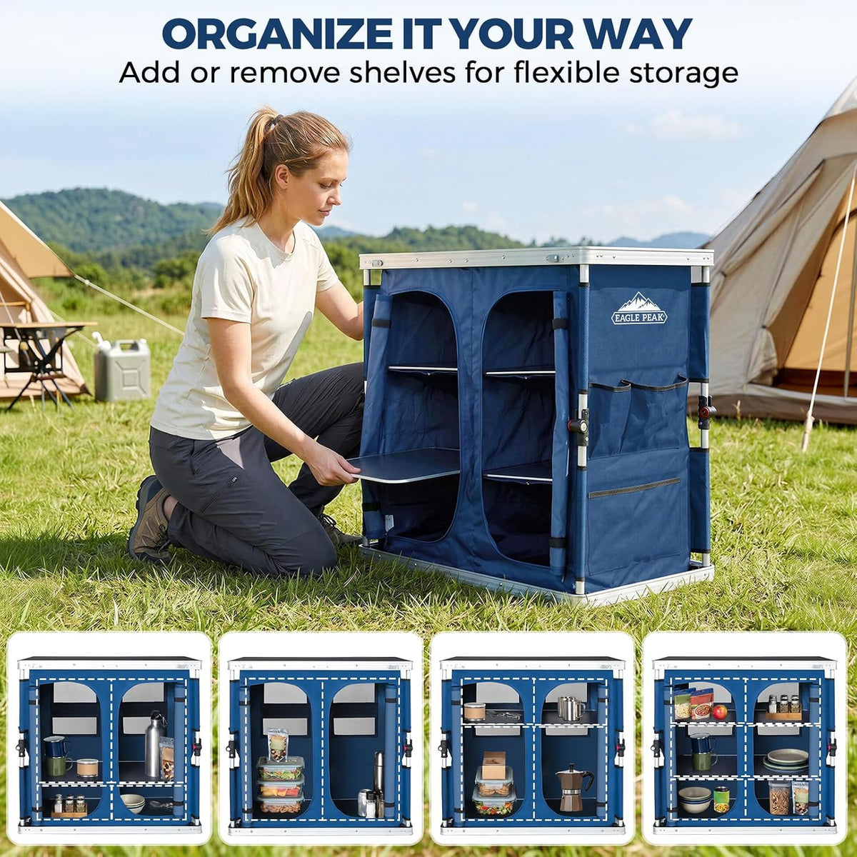 EAGLE PEAK Double Folding Camping Table with Storage Organizer and Side Pockets, Portable Outdoor Portable Camping Table for BBQ, Picnic and Tailgating, Carry Bag Included, Blue