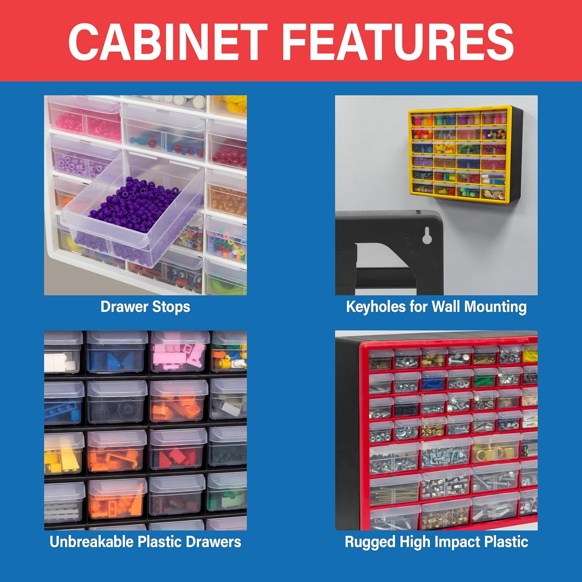 Akro-Mils 10124, 24 Drawer Plastic Parts Storage Hardware and Craft Cabinet, 20-Inch W x 6-Inch D x 16-Inch H, Red
