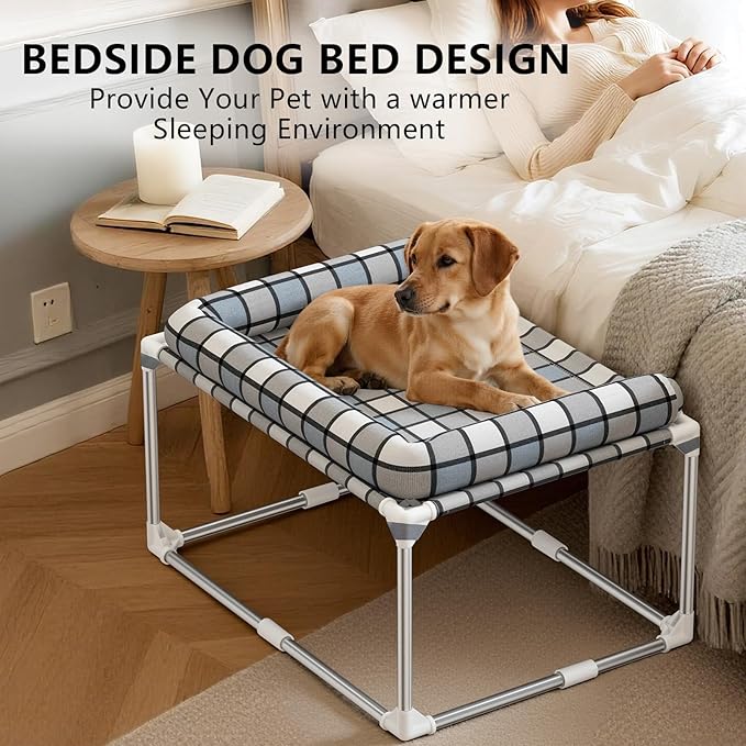 Bedside Cosleeper Dog Cat Bed - Height Elevated Dog Bed with Bloster Extension Attached to Human Bed Dog Cat Window Perch Bedside Lounge Elevated Dog Bed with Pillow (34 x 26 x 20 Inch)