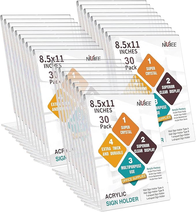 NIUBEE Acrylic Sign Holder 8.5 x 11 Inches Slanted Back, Clear Plastic Sign Holder Paper Display Table Stand for Office, Store, Restaurant (30 Pack)