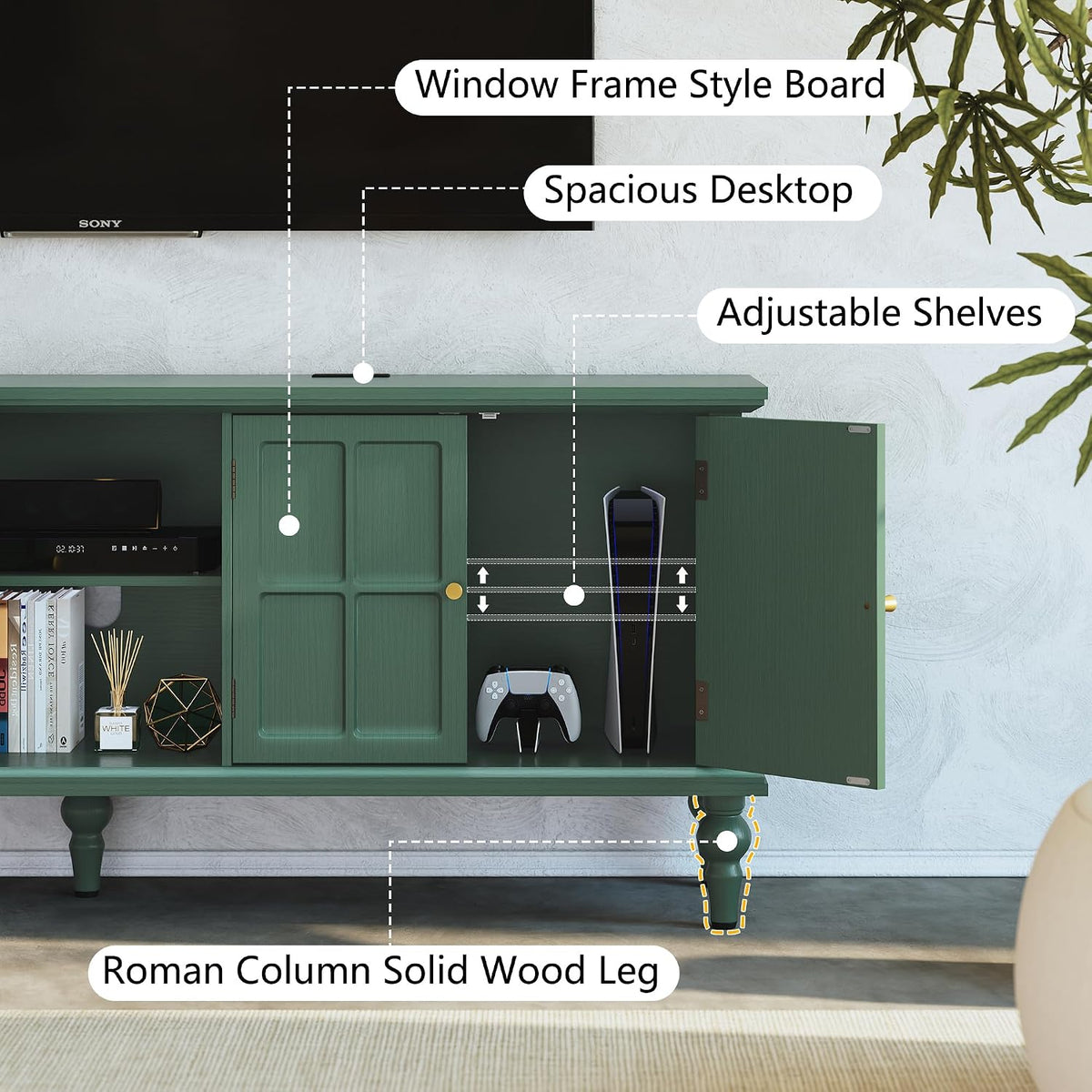 3More 67" Mid Century Modern TV Stand with Window Design, Green