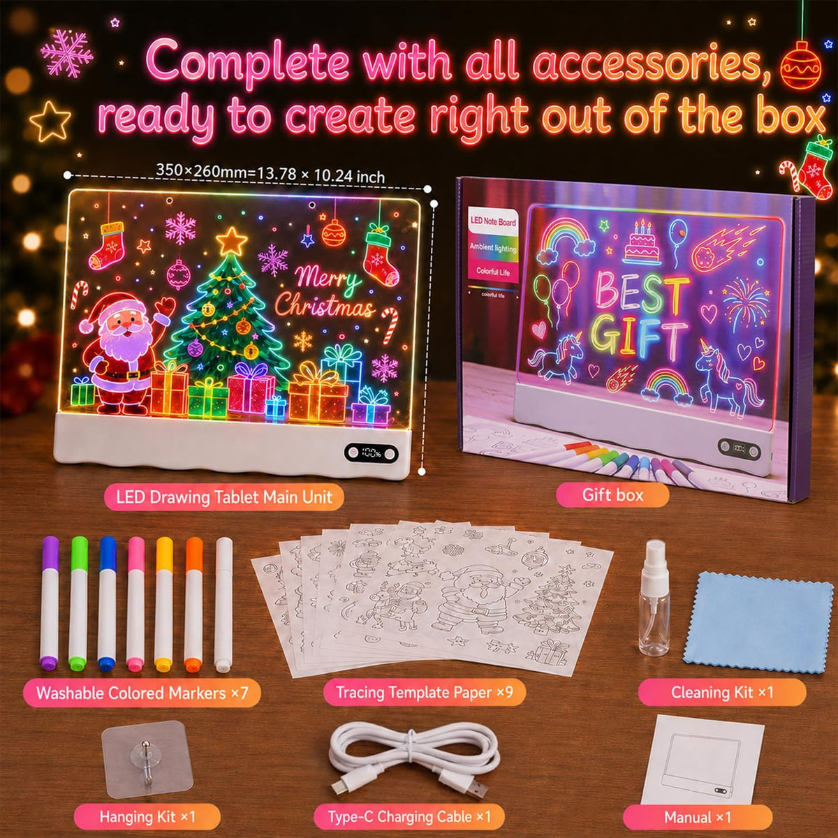 LED Note Board with Colors,Rechargeable LED Drawing Board, Light Up Acrylic Message Board, Glowing Acrylic Dry Erase Board with Light, Holiday Trend Gift, for Schools, Home Offices