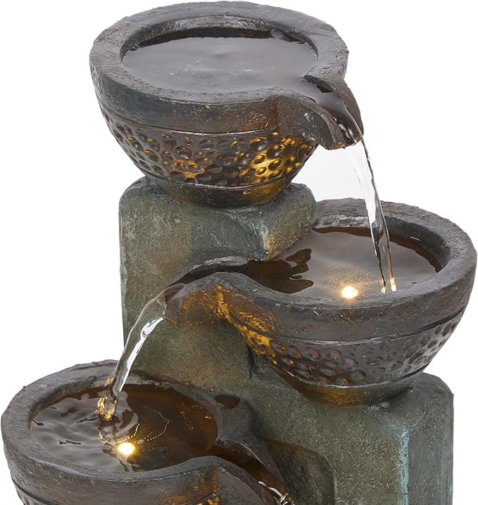 Alpine Corporation TZL412 14" Stoned Jar Cascading Water Fountain with LED Lights – Elegant Tabletop Water Feature for Home, Office, Living Room, Bedroom, and Desk Décor, Gray
