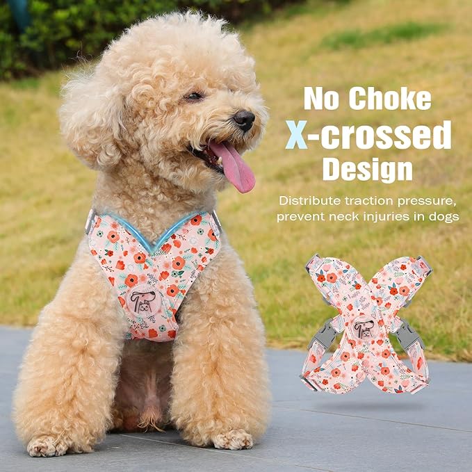 Pawaboo Small Dog Harness and Leash Set, Puppy Harness X-Frame No Pull No Choke, Dog Vest Harnesses Adjustable for Small Medium Sized Dogs,Soft Breathable Pet Harnesses for Walking, M, Pink Flowers