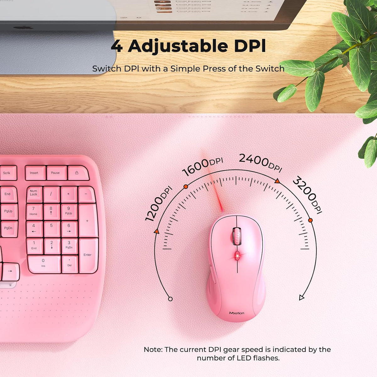 MEETION Ergonomic Wireless Keyboard and Mouse Combo with Wave Keys, Pink