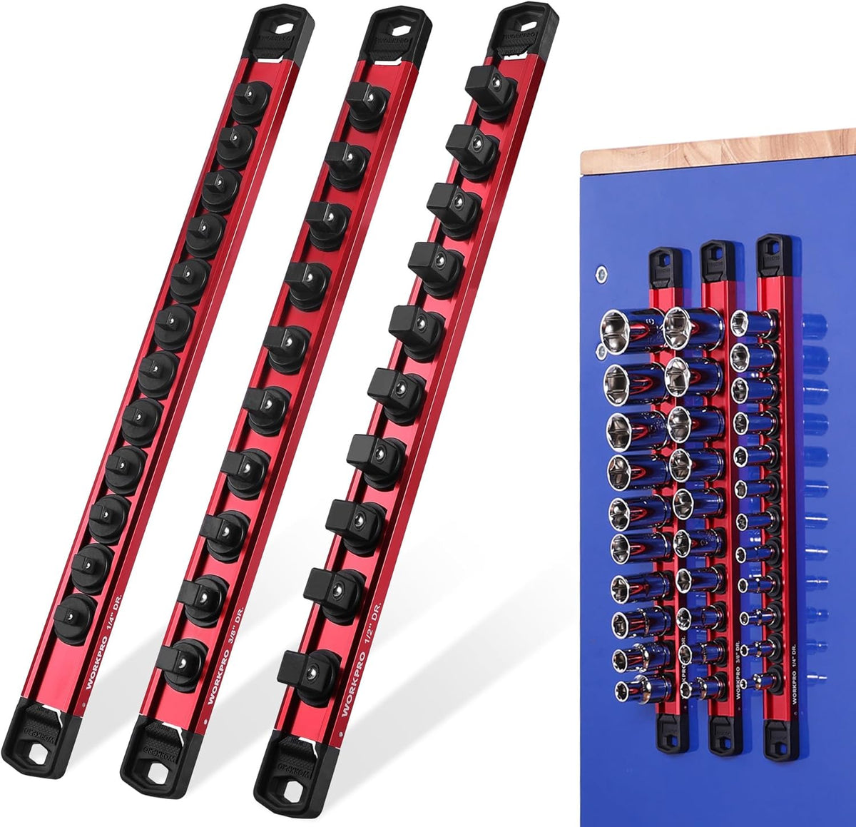 WORKPRO Magnetic Socket Organizer Set, 3-Piece 1/4” 3/8” 1/2” Socket Rails