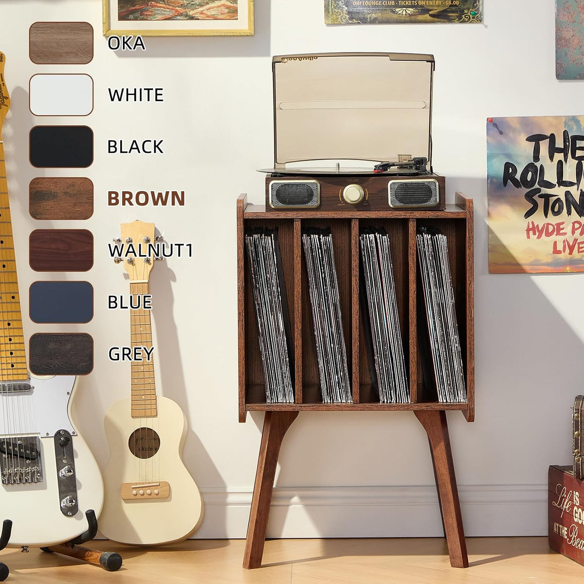 LELELINKY Rustic Brown LP Record Player Stand, Vinyl Record Storage Table