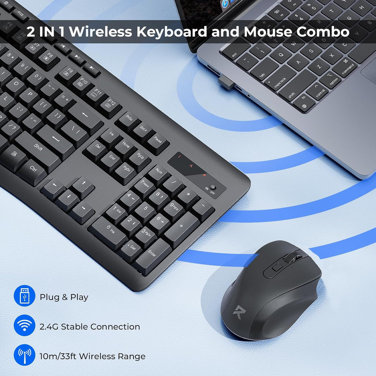 Redragon Wireless Keyboard and Mouse Combo, 2.4G Full-Sized Ergonomic Computer Keyboard and 5 Level DPI Adjustable Wireless Mouse for Windows, Mac OS Desktop/Laptop/PC, BS-7367-B