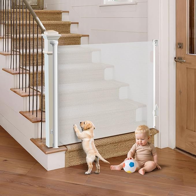 Retractable Baby Gate for Stairs, 71" Wide Mesh Pet Gate, Automatic Tension, One-Hand Operation, 38" Tall Baby Gates for Doorways, Hallways, Deck, Indoor Outdoor, Safe, Easy to Fit, White