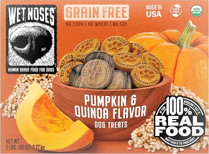 Wet Noses Organic Crunchy Dog Treats – All-Natural, Human-Grade, Non-GMO, Healthy Training & Delicious Snacks for Dogs, for All Dog Sizes & Breeds – Grain Free Pumpkin & Quinoa, 5lb (Single Pack)