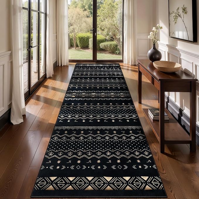 SERISSA Hallway Runner Rug, 2x10 Washable Non-Slip Black Gold Grad Runners