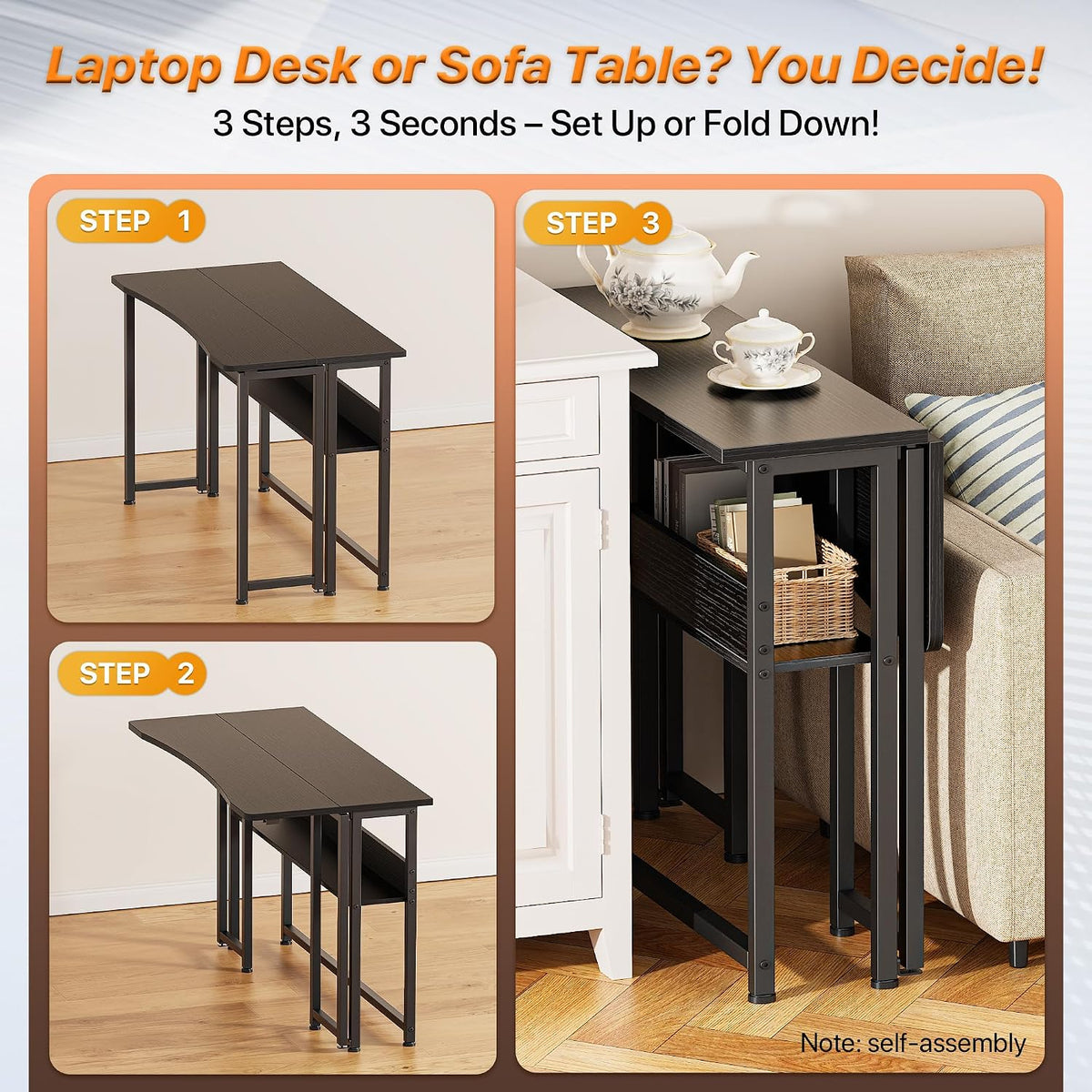 Huuger Folding Desk with Storage Shelf, 39.3 Inch Foldable Computer Table