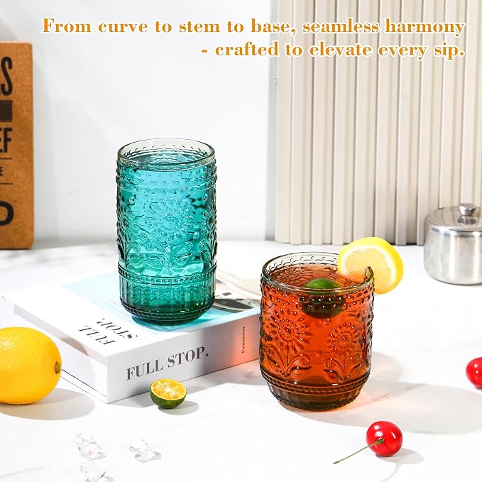 Green Drinking Glasses Set of 12, 16 Oz Highball & 13 Oz Cocktail Glasses