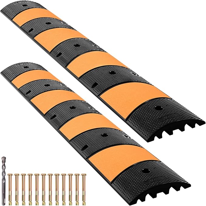 VEVOR Rubber Speed Bump (2 Pack) - 6 FT Heavy Duty 22,000 lbs Capacity for Road & Driveway, 72.8" x 12.2" x 2.2" Modular Traffic Hump, 2 Channel Floor Cord Cover for Asphalt, Concrete, Gravel