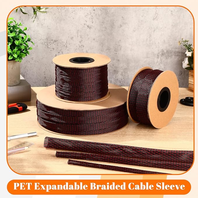 Pangda 1.5inchx50ft Wire Loom Pet Expandable Braided Sleeving Braided Sleeve for Tv, Computer, Home Theater(Black-Red)