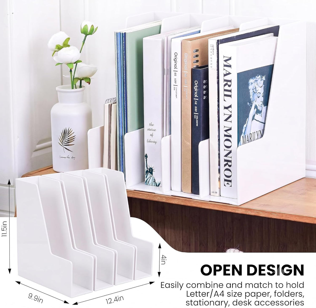 LALOBLUE White Vertical File Organizer, 4 Section Magazine Holder for Desk, Desktop File Folder Rack for Books, Magazines, Documents and Notebooks, Office Home School