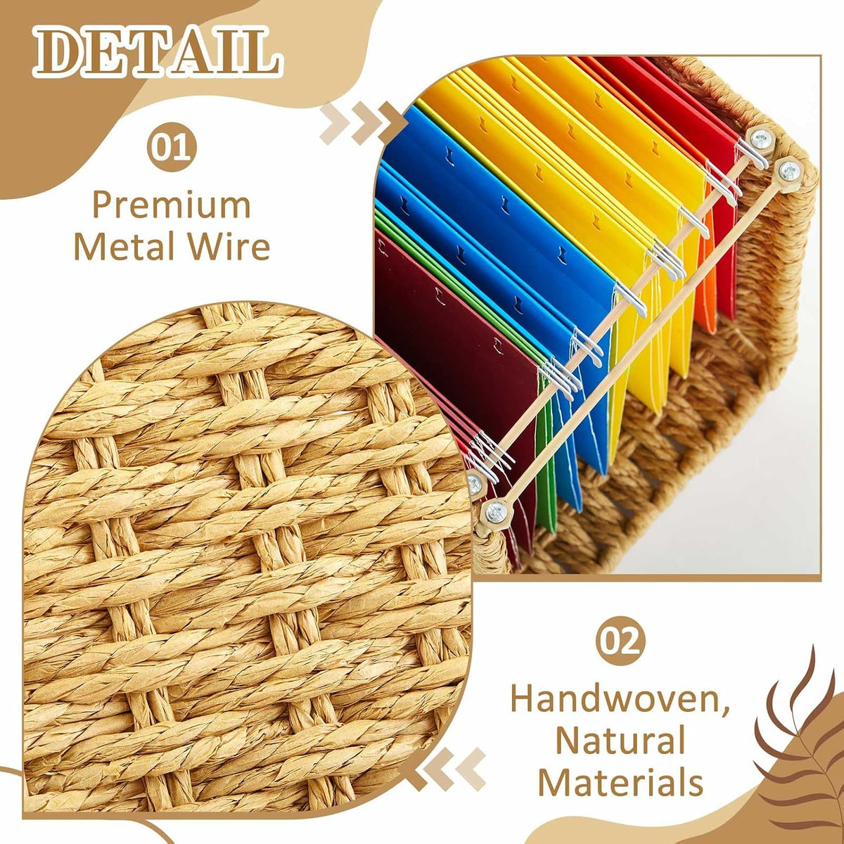 Paper Rope Hanging File Basket with Handle 13.6" x 9.8" x6.6", 1 Pcs, Brown